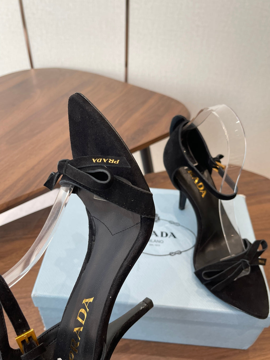 PRADA 26S HIGH HEEL SANDALS 85MM IN BLACK SUEDE WITH BOW