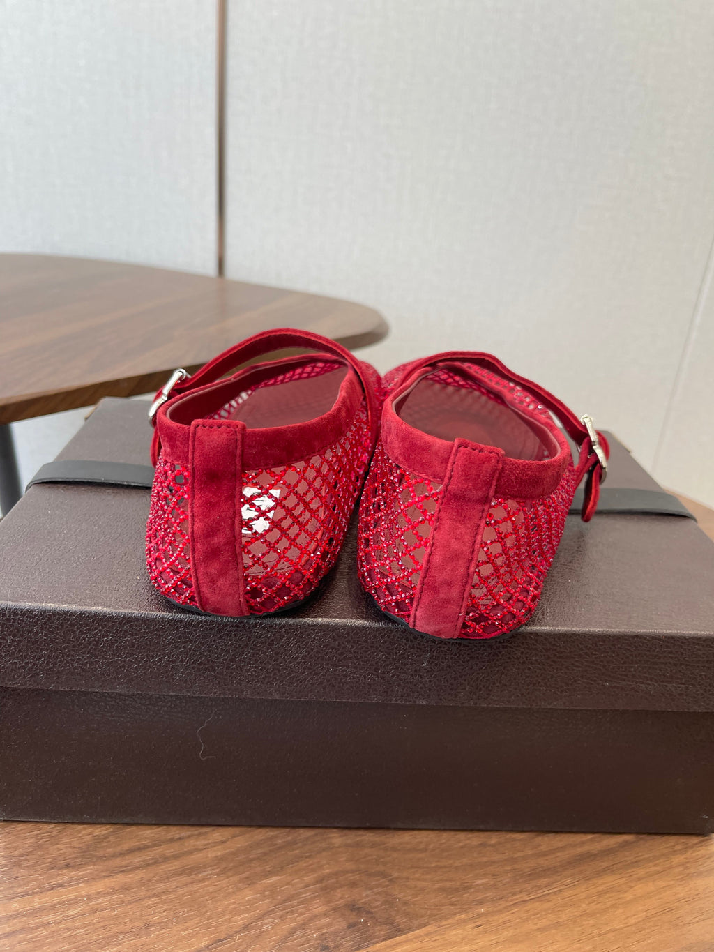 ALAIA 26S MESH FLATS IN DARK RED SUEDE RHINESTONE-EMBELLISHED