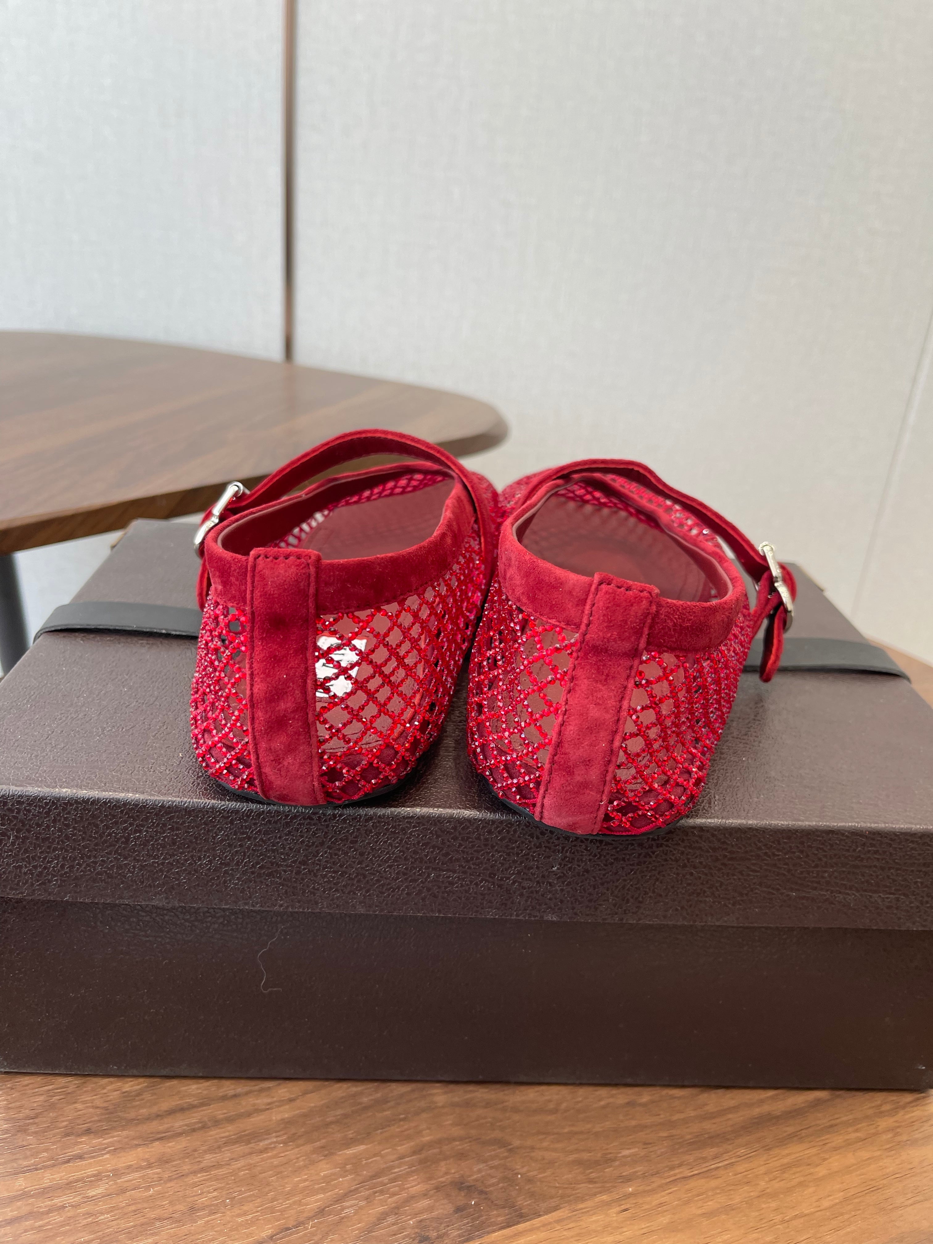 ALAIA 26S MESH FLATS IN DARK RED SUEDE RHINESTONE-EMBELLISHED