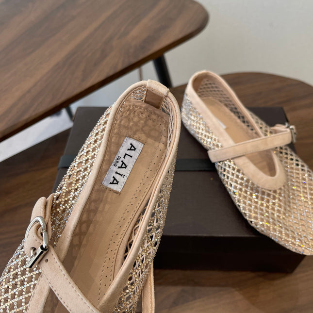 ALAIA 26S MESH FLATS IN BEIGE SUEDE RHINESTONE-EMBELLISHED