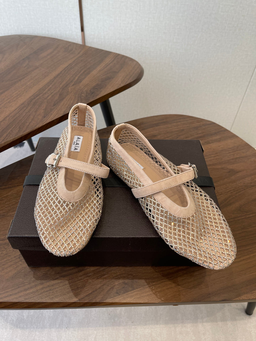 ALAIA 26S MESH FLATS IN BEIGE SUEDE RHINESTONE-EMBELLISHED