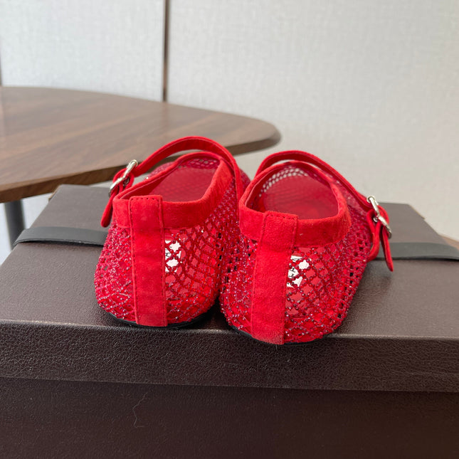 ALAIA 26S MESH FLATS IN RED SUEDE RHINESTONE-EMBELLISHED