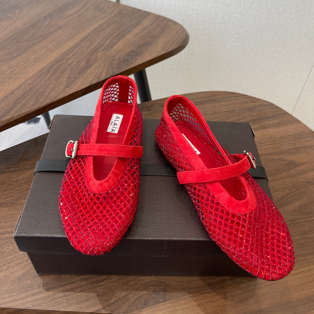 ALAIA 26S MESH FLATS IN RED SUEDE RHINESTONE-EMBELLISHED