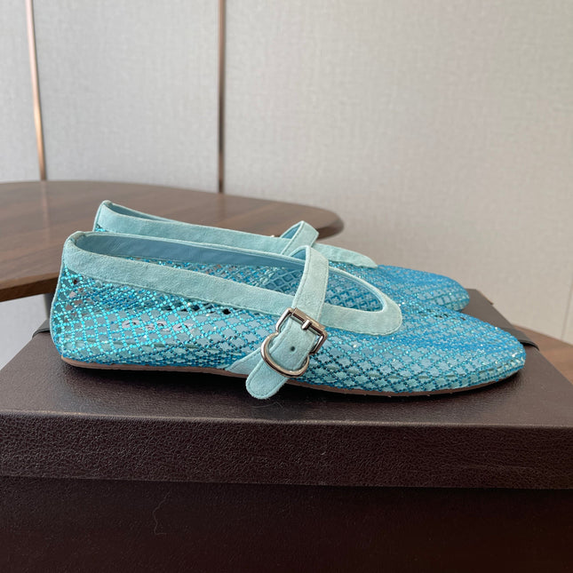 ALAIA 26S MESH FLATS IN BLUE SUEDE RHINESTONE-EMBELLISHED