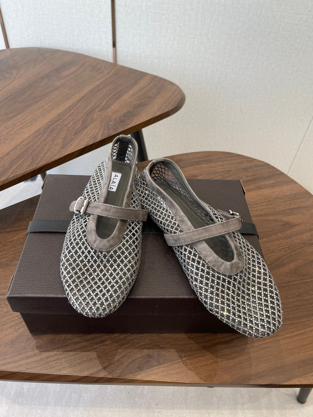 ALAIA 26S MESH FLATS IN BROWN GREY SUEDE RHINESTONE-EMBELLISHED