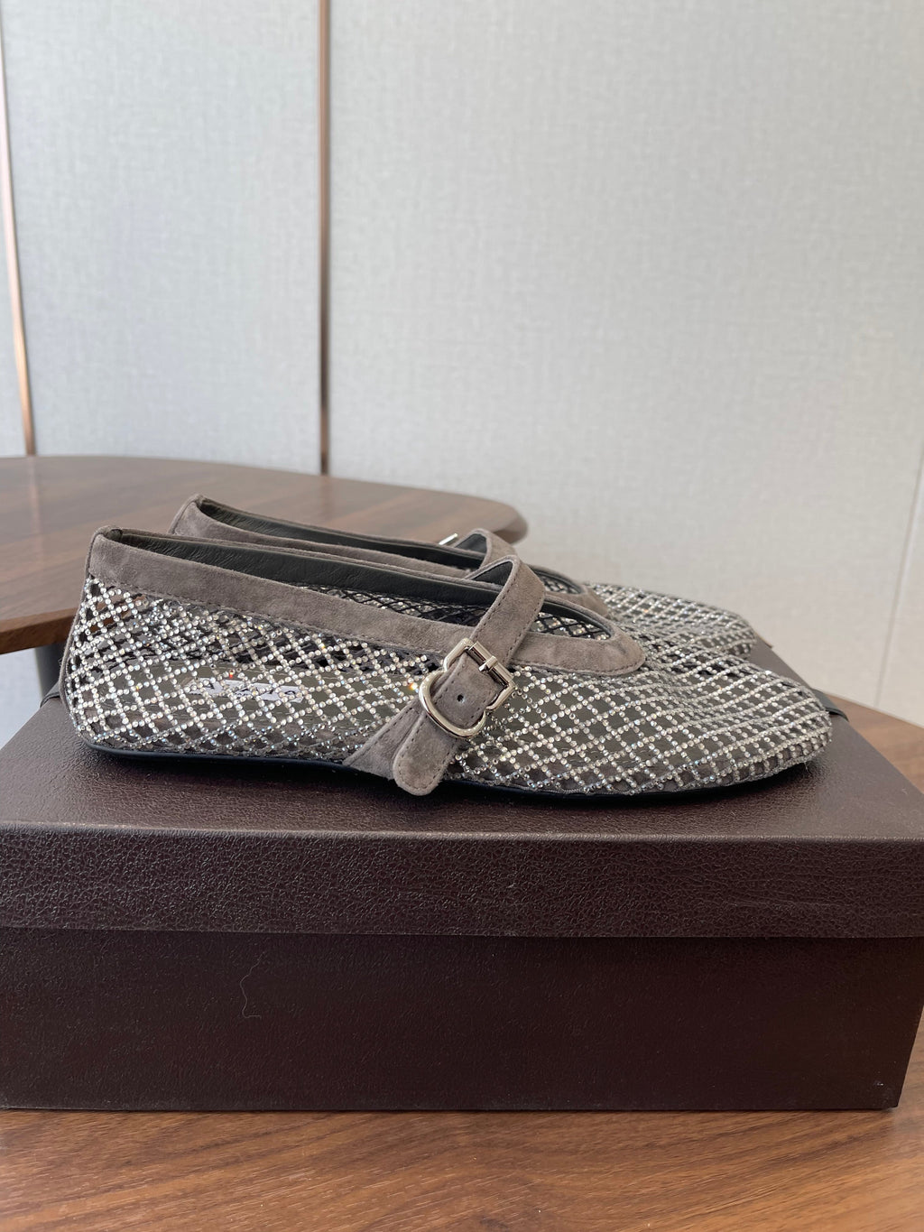 ALAIA 26S MESH FLATS IN BROWN GREY SUEDE RHINESTONE-EMBELLISHED
