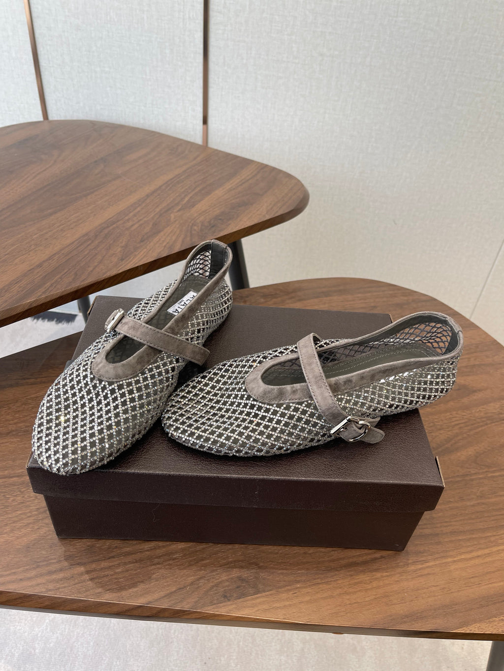 ALAIA 26S MESH FLATS IN BROWN GREY SUEDE RHINESTONE-EMBELLISHED