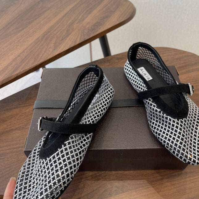 ALAIA 26S MESH FLATS IN BLACK SUEDE AND WHITE RHINESTONE-EMBELLISHED