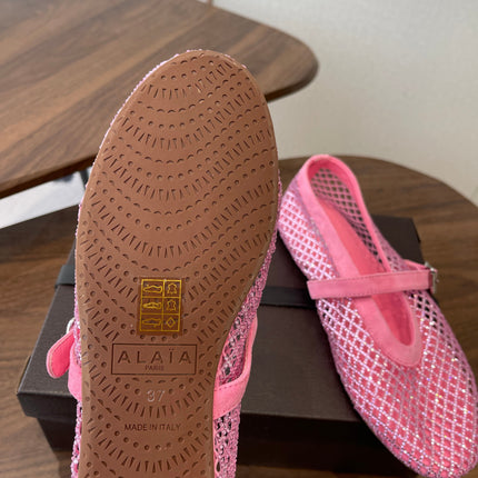 ALAIA 26S MESH FLATS IN PINK SUEDE RHINESTONE-EMBELLISHED