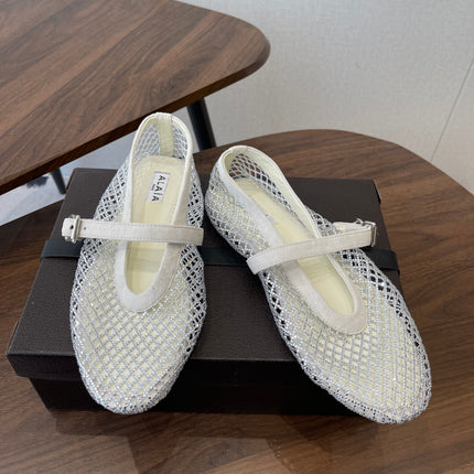 ALAIA 26S MESH FLATS IN WHITE SUEDE RHINESTONE-EMBELLISHED