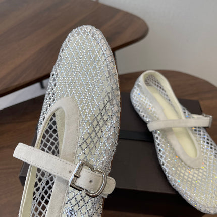 ALAIA 26S MESH FLATS IN WHITE SUEDE RHINESTONE-EMBELLISHED