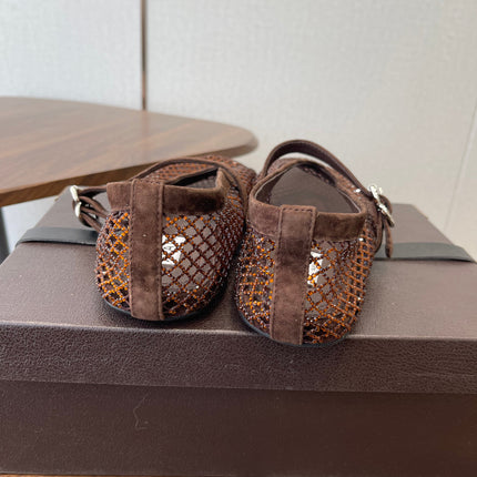 ALAIA 26S MESH FLATS IN DARK BROWN SUEDE RHINESTONE-EMBELLISHED