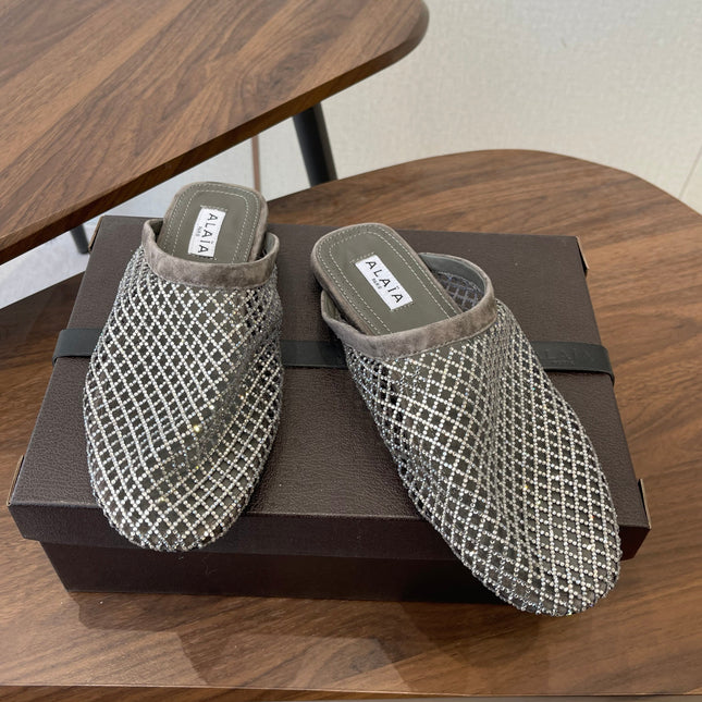 ALAIA 26S FLAT MULES IN DARK GREY SUEDE AND MESH RHINESTONE-EMBELLISHED