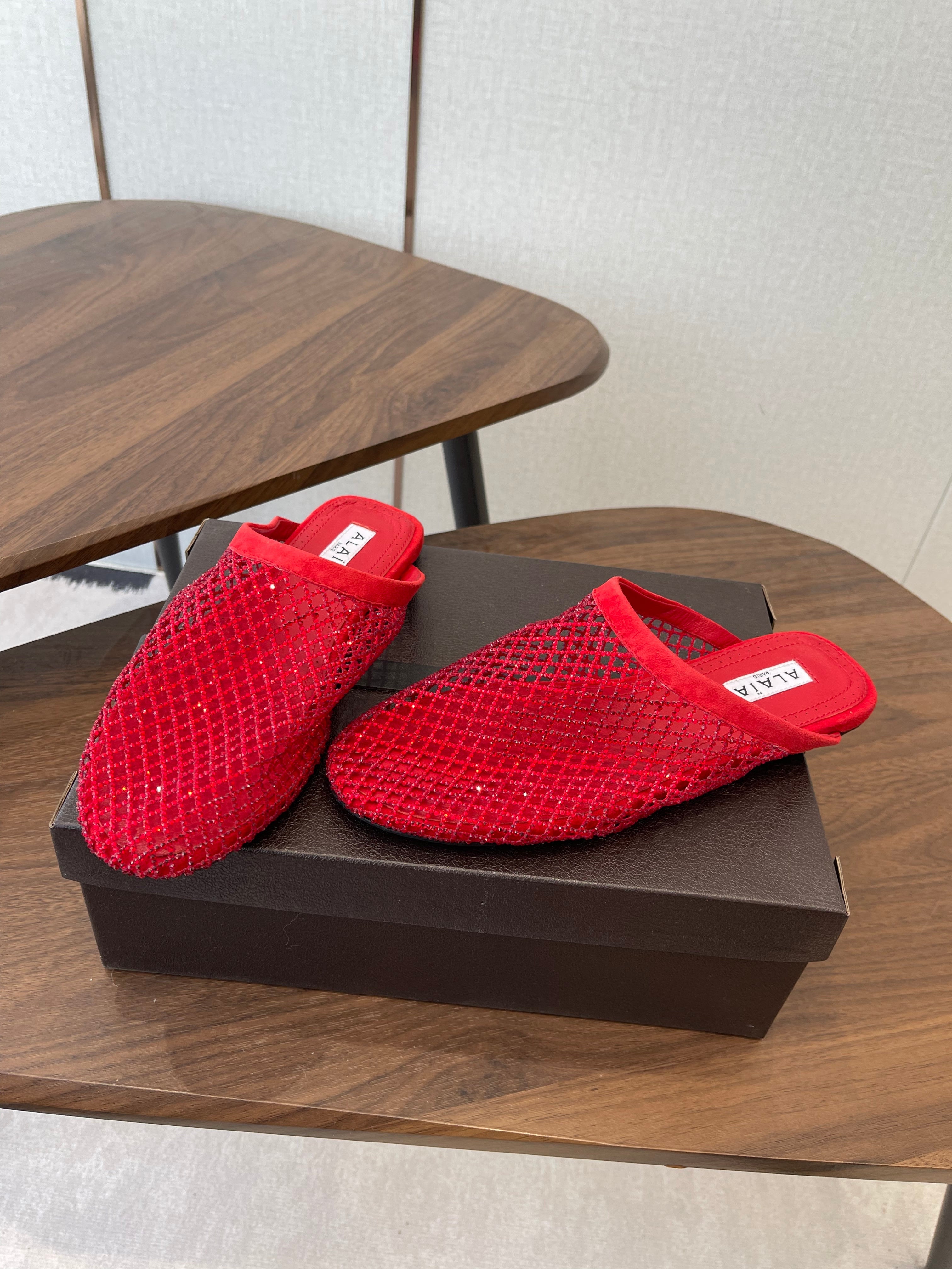ALAIA 26S FLAT MULES IN RED SUEDE AND MESH RHINESTONE-EMBELLISHED