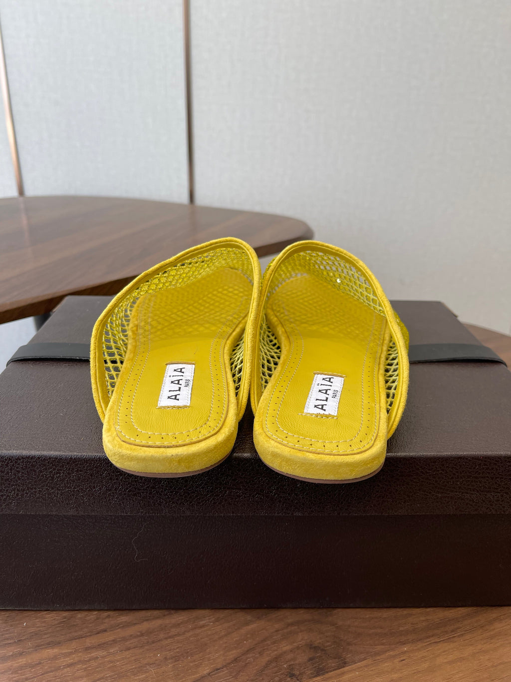ALAIA 26S FLAT MULES IN DARK YELLOW SUEDE AND MESH RHINESTONE-EMBELLISHED