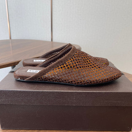 ALAIA 26S FLAT MULES IN DARK BROWN SUEDE AND MESH RHINESTONE-EMBELLISHED