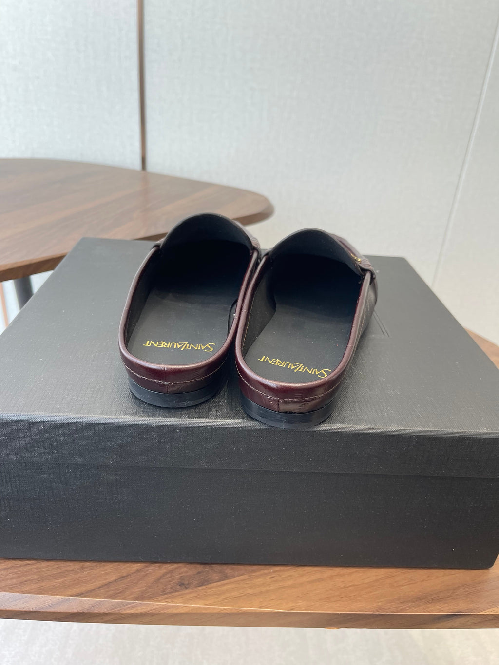 YSL 26S LOAFER MULES IN DARK RED BROWN CALFSKIN