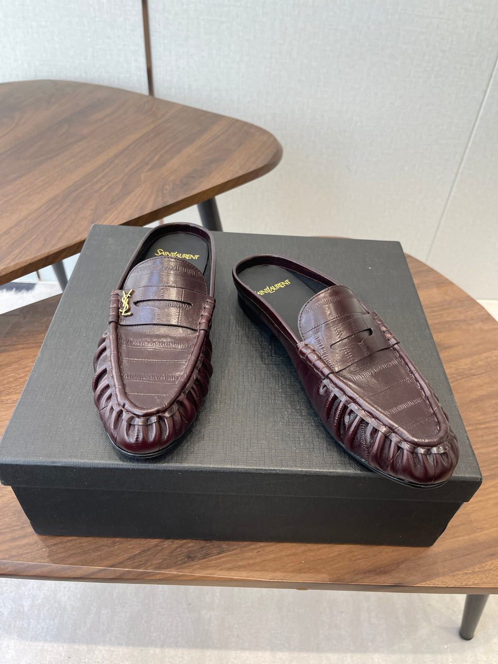 YSL 26S LOAFER MULES IN DARK RED BROWN CALFSKIN