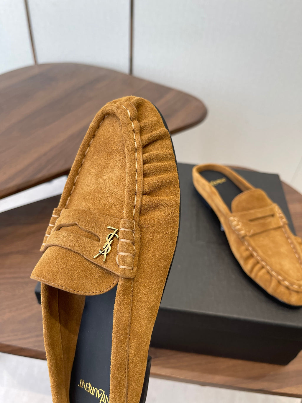 YSL 26S LOAFER MULES IN CAMEL BROWN SUEDE