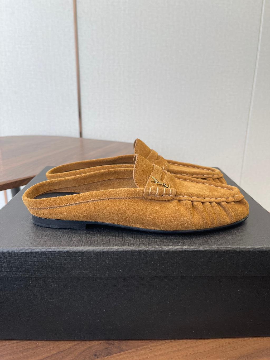 YSL 26S LOAFER MULES IN CAMEL BROWN SUEDE