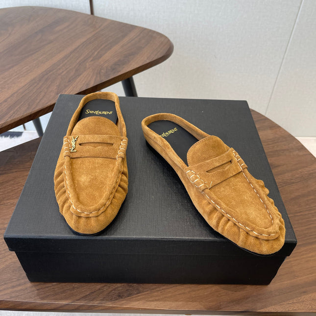 YSL 26S LOAFER MULES IN CAMEL BROWN SUEDE