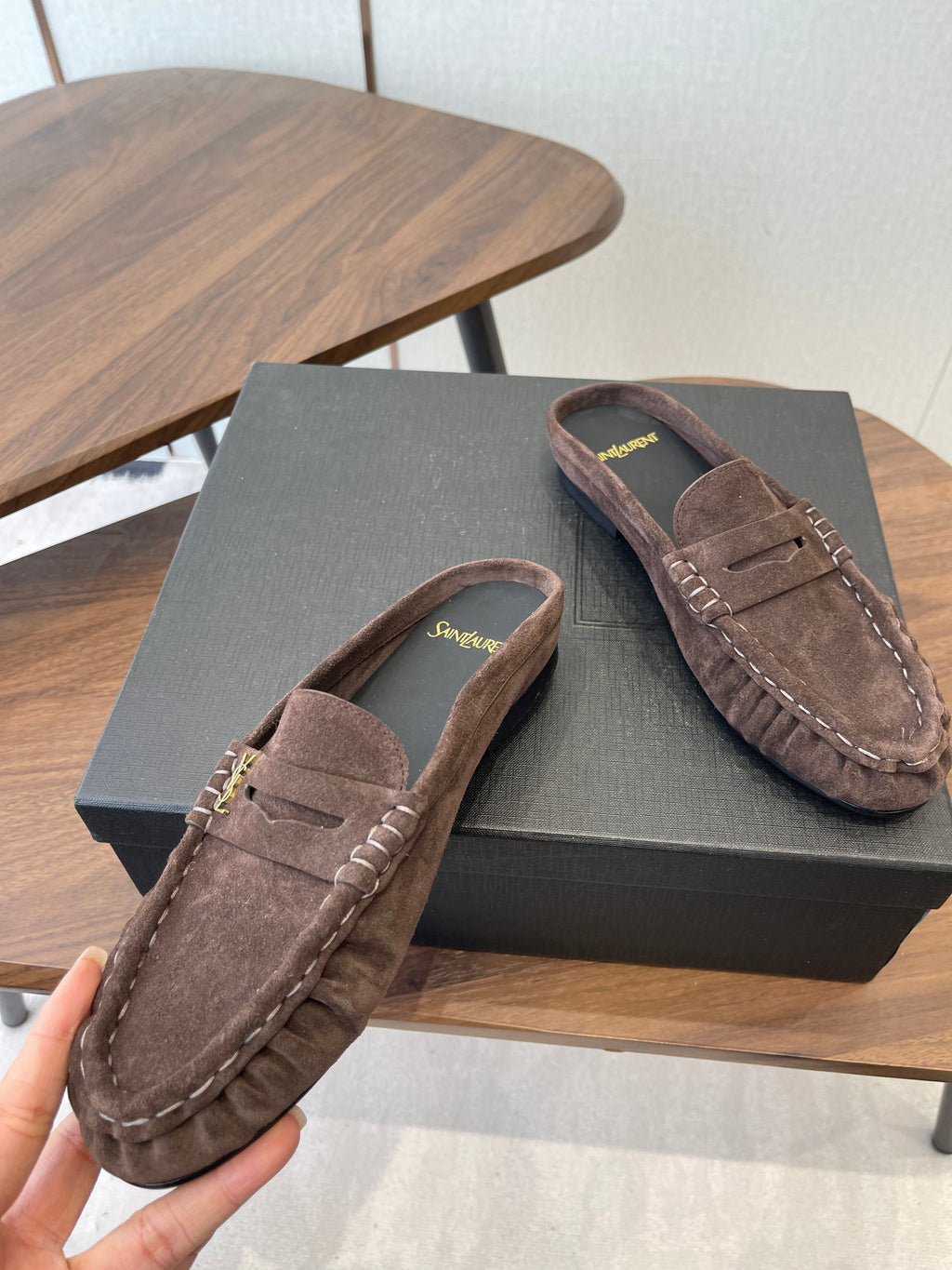 YSL 26S LOAFER MULES IN EARTH BROWN SUEDE
