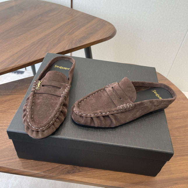 YSL 26S LOAFER MULES IN EARTH BROWN SUEDE