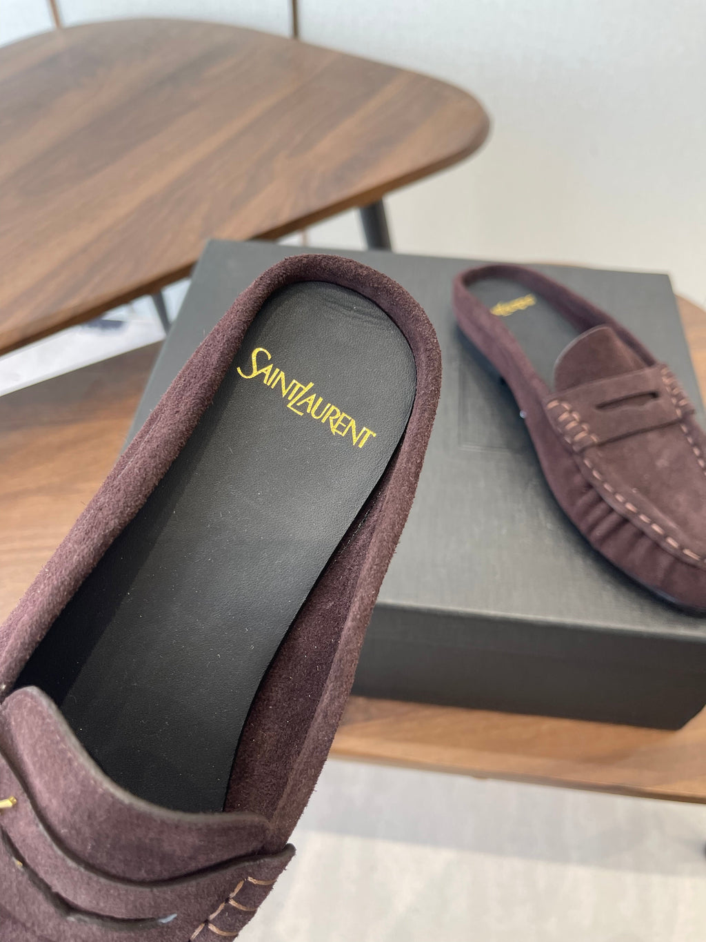 YSL 26S LOAFER MULES IN DARK PLUM BROWN SUEDE