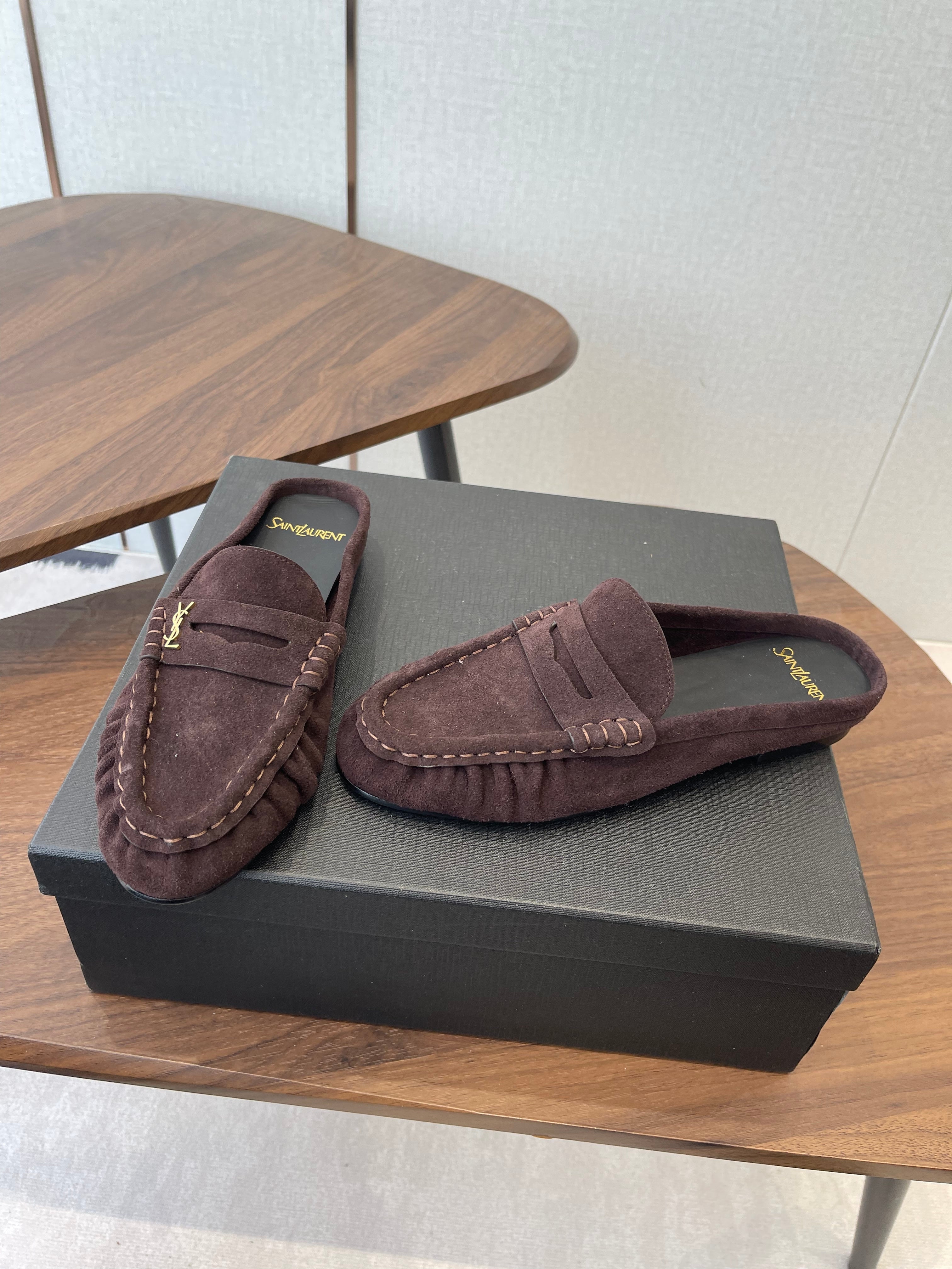 YSL 26S LOAFER MULES IN DARK PLUM BROWN SUEDE