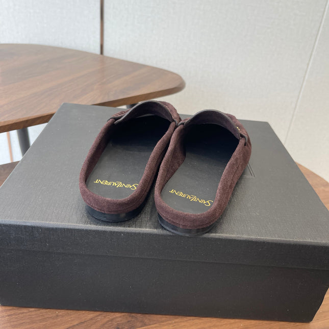 YSL 26S LOAFER MULES IN DARK PLUM BROWN SUEDE