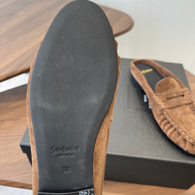 YSL 26S LOAFER MULES IN BROWN SUEDE