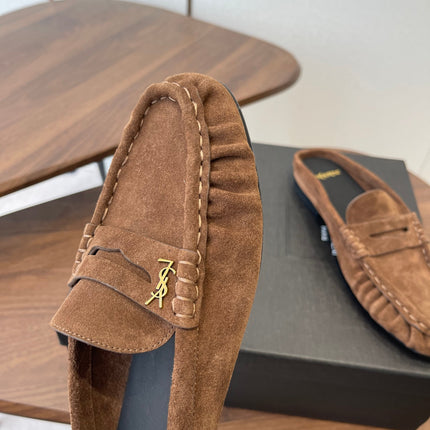 YSL 26S LOAFER MULES IN BROWN SUEDE