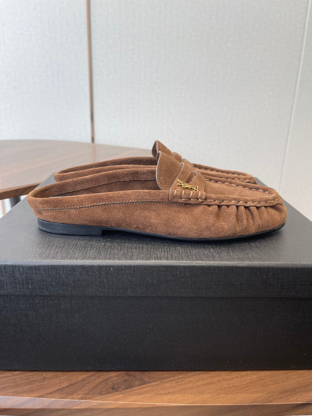 YSL 26S LOAFER MULES IN BROWN SUEDE