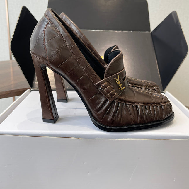 YSL 26S HEELED LOAFERS 100 MM IN DARK BROWN CALFSKIN