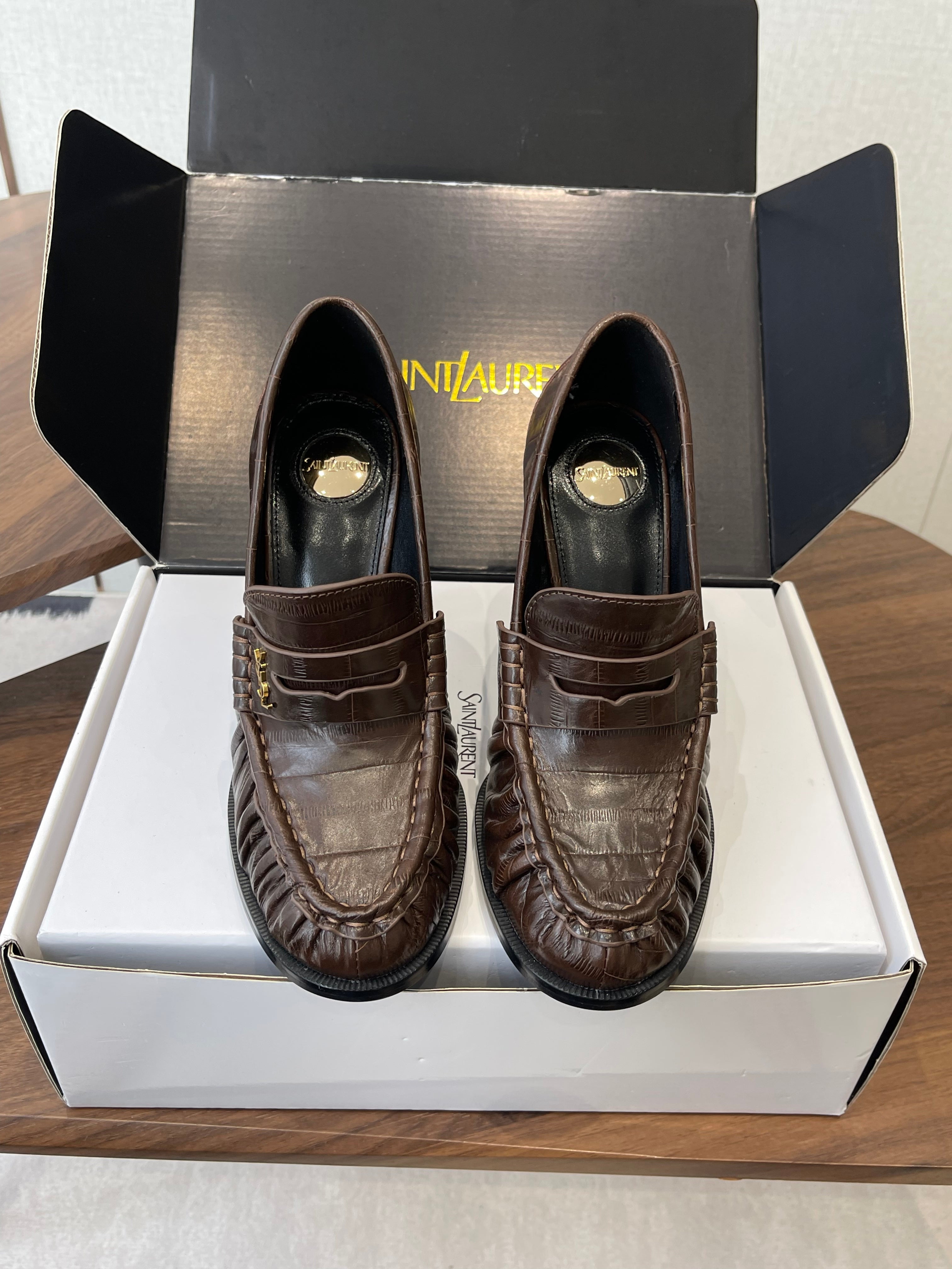 YSL 26S HEELED LOAFERS 100 MM IN DARK BROWN CALFSKIN