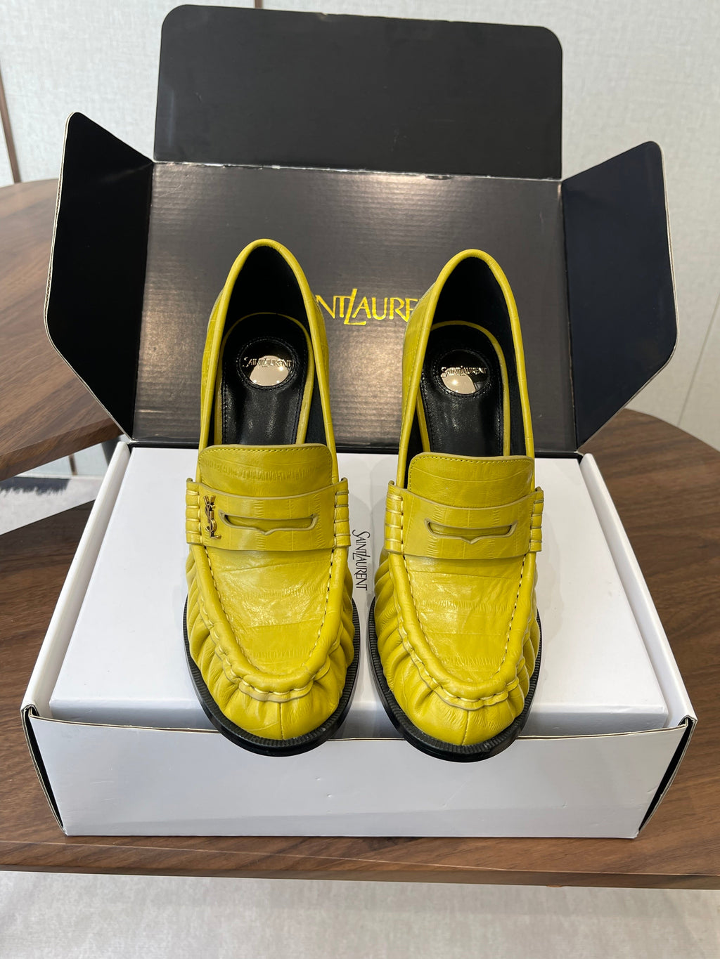YSL 26S HEELED LOAFERS 100 MM IN YELLOW CALFSKIN