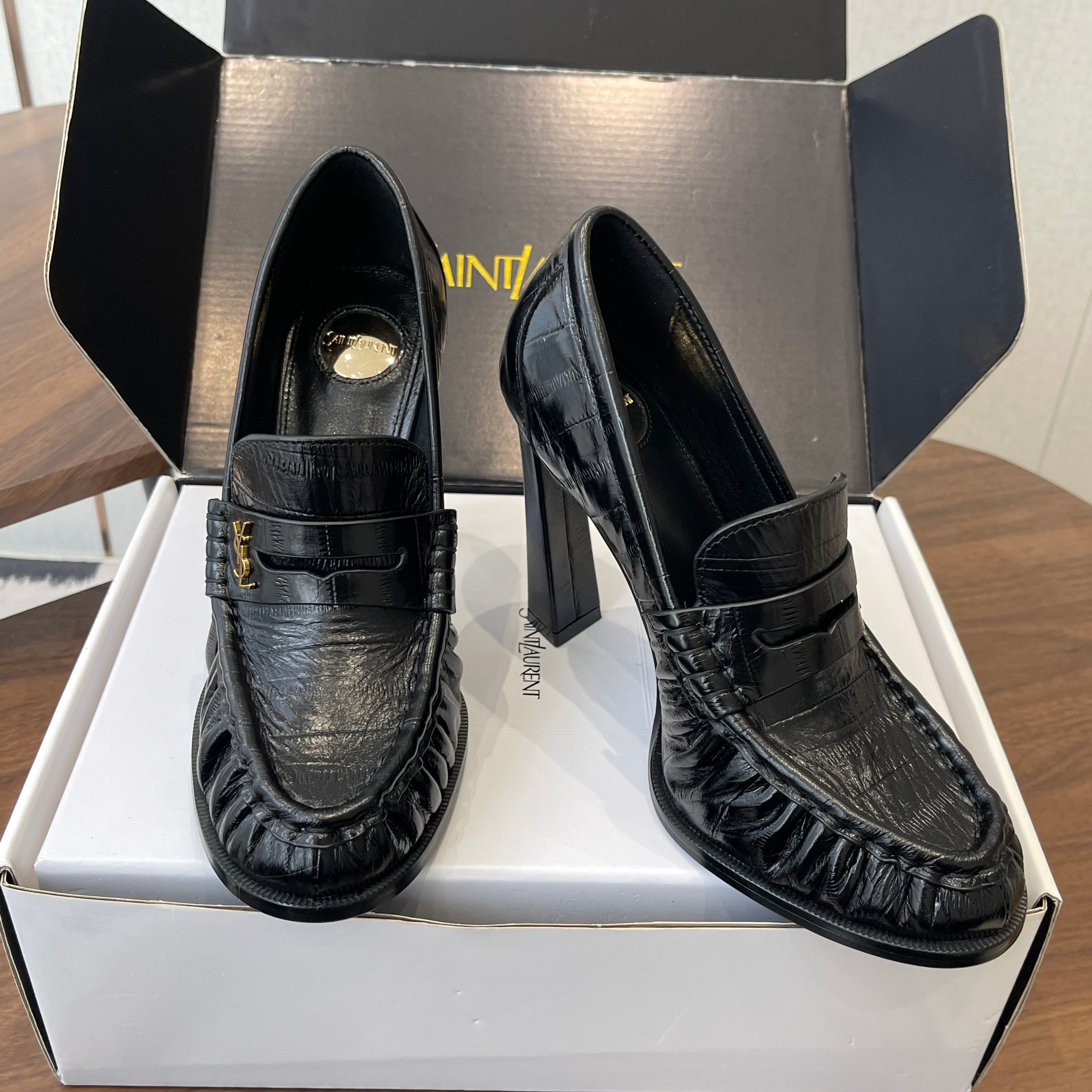 YSL 26S HEELED LOAFERS 100 MM IN BLACK SHINY CALFSKIN
