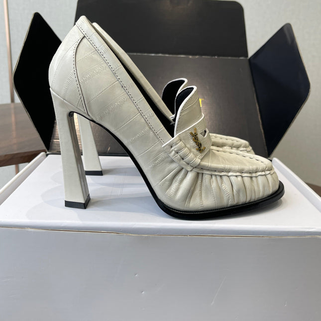 YSL 26S HEELED LOAFERS 100 MM IN WHITE CALFSKIN