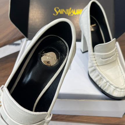 YSL 26S HEELED LOAFERS 100 MM IN WHITE CALFSKIN