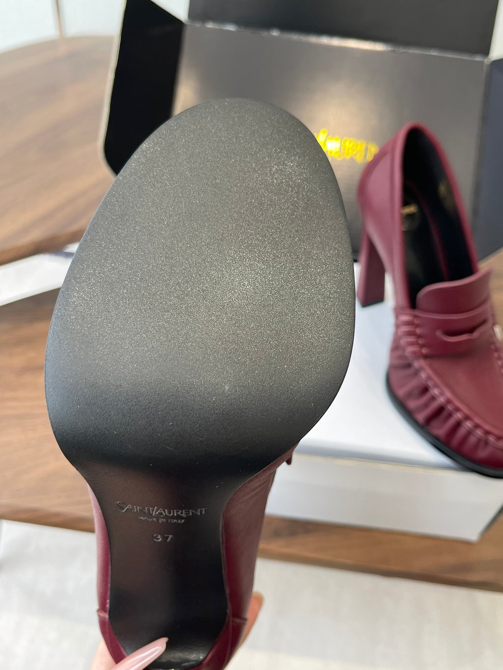 YSL 26S HEELED LOAFERS 100 MM IN DARK RED CALFSKIN
