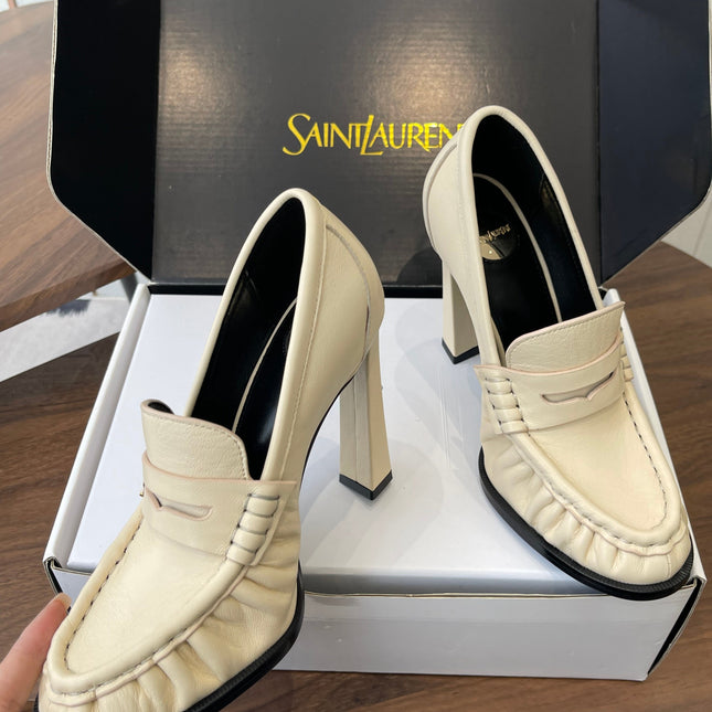 YSL 26S HEELED LOAFERS 100 MM IN SOFT OFF-WHITE CALFSKIN
