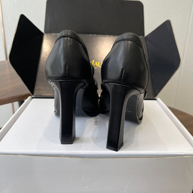 YSL 26S HEELED LOAFERS 100 MM IN BLACK CALFSKIN