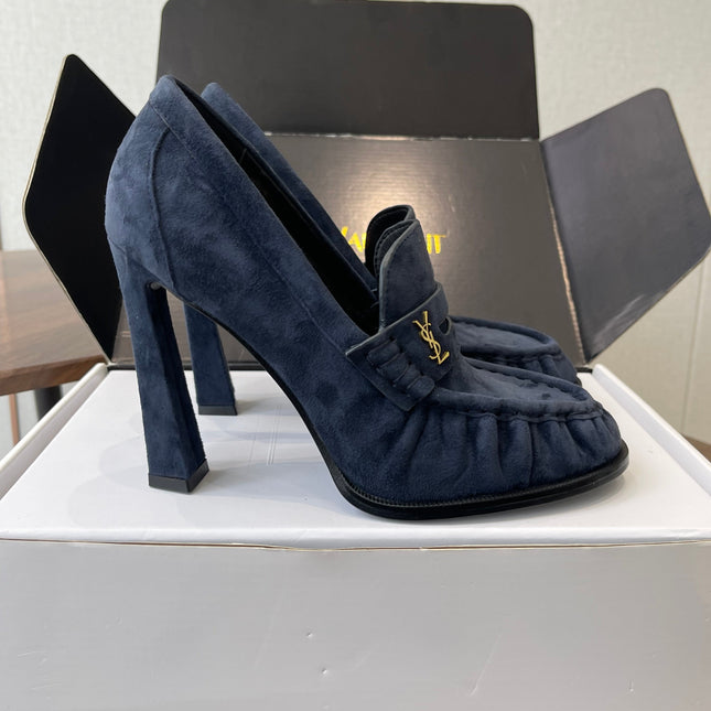 YSL 26S HEELED LOAFERS 100 MM IN DARK STEEL BLUE SUEDE