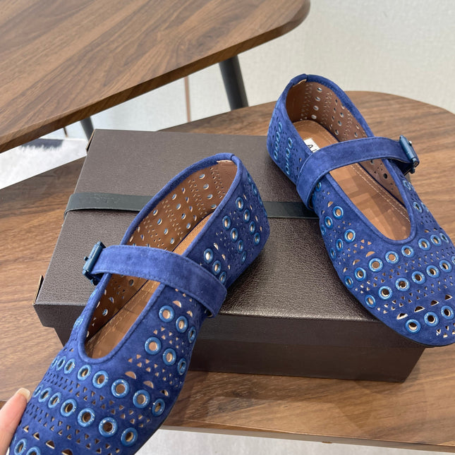 ALAIA 26S MARY JANE FLATS IN DARK BLUE SUEDE