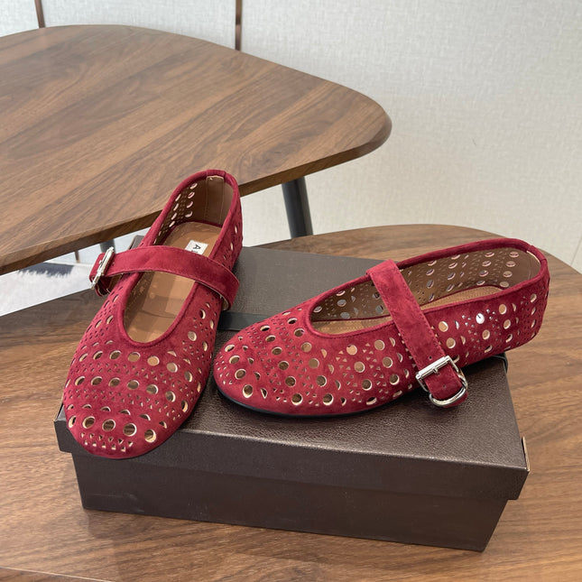 ALAIA 26S MARY JANE FLATS IN DARK RED SUEDE
