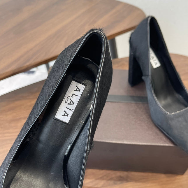 ALAIA 26S SQUARE-TOE HIGH HEELS 95 MM IN BLACK PONY HAIR