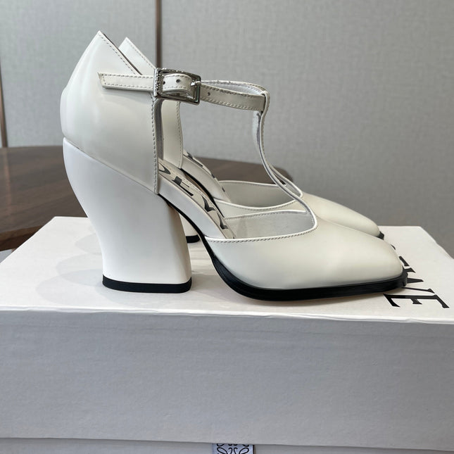 LOEWE 26S ONDA 90MM T-STRAP HIGH-HEEL SHOES IN WHITE GLOSSY CALFSKIN
