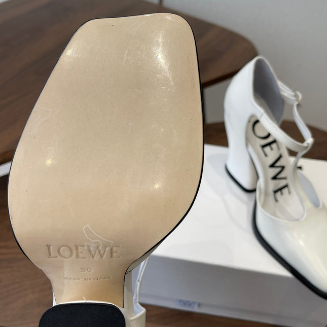 LOEWE 26S ONDA 90MM T-STRAP HIGH-HEEL SHOES IN WHITE GLOSSY CALFSKIN