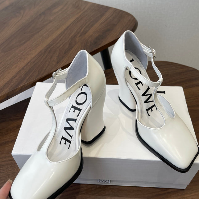 LOEWE 26S ONDA 90MM T-STRAP HIGH-HEEL SHOES IN WHITE GLOSSY CALFSKIN