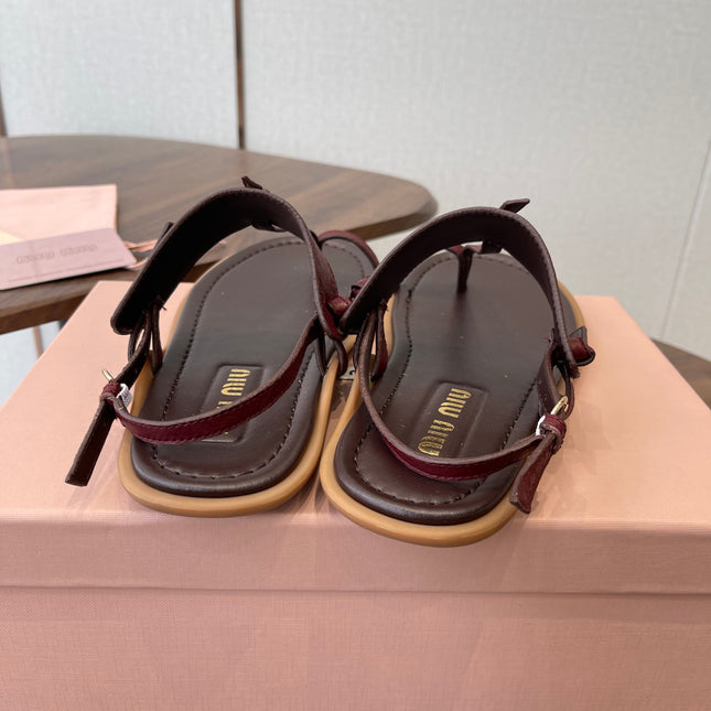 MIUMIU 26S FLIP FLOPS IN DARK BROWN AND BURGUNDY RED CALFSKIN